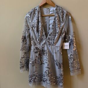 Superdown Silver Sequin Long Sleeve Dress